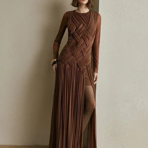Coffee Brown Elegant Women's Long Dress - Picture 3 of 8